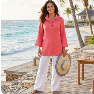 Soft Surroundings Knit Cotton Blend Large Buttons 3/4 Sleeves Pink Tunic Top S